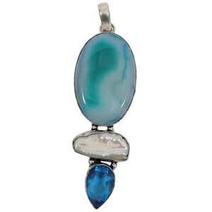 Handmade Silver Pendant with Blue Agate Pearl and Sparkling Topaz Accents